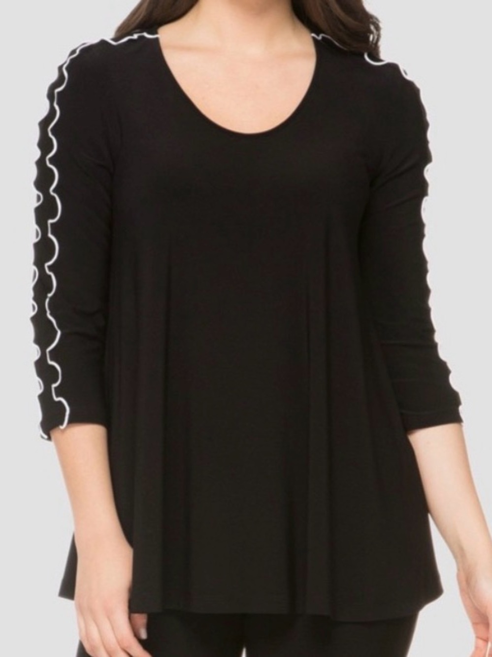 Joseph Ribkoff 191139 $161 rounded neck black top ruffle detail sleeves 6 small